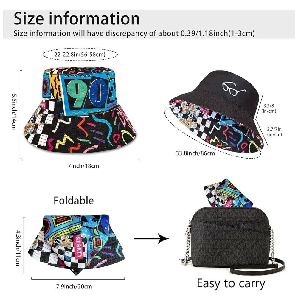 BUCKET HAT I LOVE THE 90'S & REVERSIBLE BLACK WITH EMBROIDERED SUNGLASSES - Picture 5 of 10